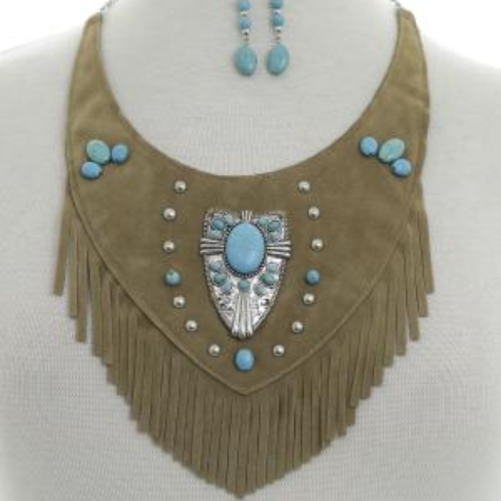 Turquoise Silver Concho Suede Necklac Earrings Set